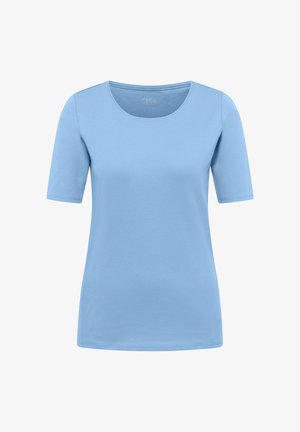 T-shirt da donna a maniche corte, di colore azzurro chiaro, con scollo rotondo, tessuto liscio e taglio aderente.