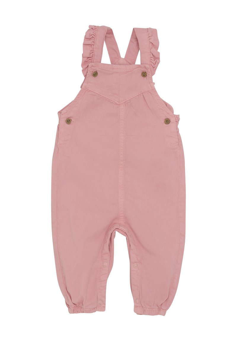 Rosa Overalls mit Rüschenträgern, Knopfdetails und elastischen Bündchen an den Knöcheln. Hergestellt aus weichem, strukturiertem Stoff.
