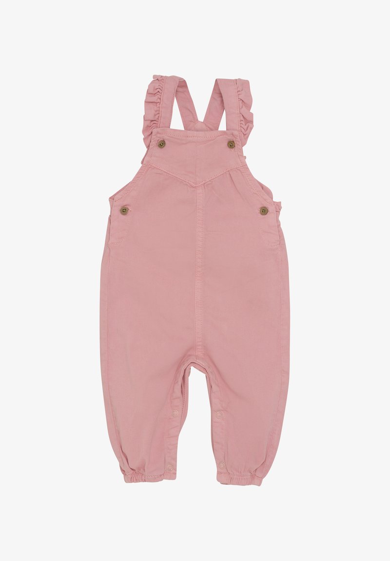 Roze overall romper met ruches op de schouderbanden, knoopaccenten en elastische boorden bij de enkels. Gemaakt van zachte, gestructureerde stof.