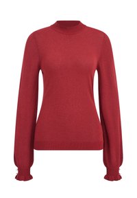 Pull rouge avec un col montant, des manches longues et des poignets côtelés. Texture lisse avec un léger brillant. Accents décoratifs aux ouvertures des manches.