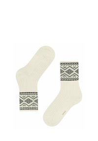 Elfenbeinfarbene Knöchelsocken mit einem geometrischen schwarzen Muster am Bund, ausgestattet mit gerippter Textur und glattem Strickstoff. Markenname "ESPRIT" an der Unterseite.