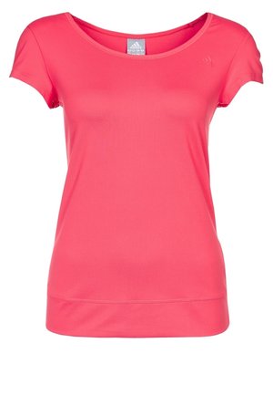 T-shirt Adidas rose vif à manches courtes avec un large col et un petit logo en haut à gauche.