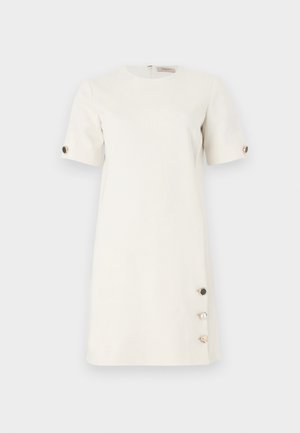 Rochie cu mânecă scurtă, de culoare crem, realizată dintr-un material neted, având butoane decorative negre, aurii și din perlă la tiv. Croială simplă, dreaptă.