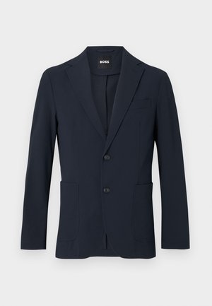 Mörkblå, enfärgad blazer med slagkrage, två framfickor och knappstängning. Tillverkad av ett strukturerat, lätt tyg.
