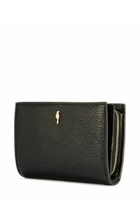 Czarny skórzany portfel o teksturowanej powierzchni, złotych akcesoriach, logo z przodu oraz zapięciem na zamek. Kompaktowy design dla łatwego przechowywania.