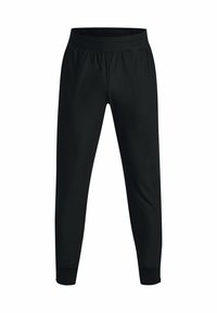 Zwarte sportbroek gemaakt van glad, lichtgewicht stof. Voorzien van een elastische tailleband en taps toelopende boorden bij de enkels voor een snug fit.
