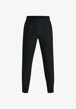 Schwarze Sportpants aus glattem, leichtem Material. Mit einem elastischen Bund und schmal zulaufenden Säumen an den Knöcheln für eine enge Passform.