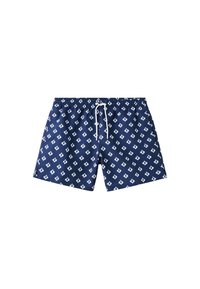 Short de bain bleu marine avec motif losange blanc et cordon blanc à la taille élastique.