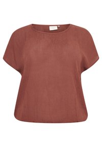 Bluse in Rostfarbe mit lockerer Passform, kurzen Ärmeln und rundem Ausschnitt. Hergestellt aus leichtem, strukturiertem Stoff für atmungsaktiven Komfort.