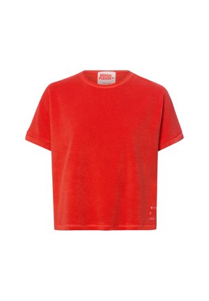 Knallrote T-Shirt mit kurzen Ärmeln und Rundhalsausschnitt, mit kleinem weißem Text nahe dem unteren Saum und einem "Beach Please"-Label innen im Kragen.