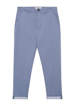 Hellblaue Freizeithosen mit Gürtelschlaufen, Knopfverschluss, Seitentaschen und umgeschlagenen Säumen.