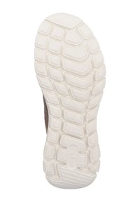 Semelle de sneaker marron avec caoutchouc texturé pour une meilleure adhérence. semelle intermédiaire blanche avec des motifs géométriques et un logo embossé. Bords renforcés pour plus de durabilité.