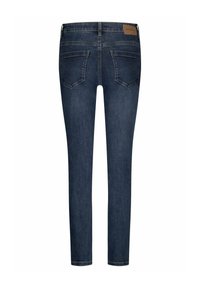Skinny jeans in donkerblauwe denim, met een middelhoge taille, vier zakken en een leren merkpatch op de achterkant van de taille.