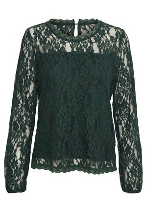 Zelený čipkovaný top s dlhým rukávom a vykrojeným výstrihom a lemovaním, so kvetinovým vzorom a malým vykrojením na chrbte.