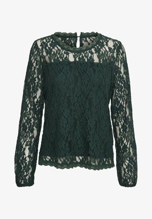 Zelený čipkovaný top s dlhým rukávom a vykrojeným výstrihom a lemovaním, so kvetinovým vzorom a malým vykrojením na chrbte.