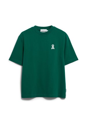 Grünes Baumwoll-T-Shirt mit Rundhalsausschnitt, kurzen Ärmeln und einem kleinen weißen Logo auf der linken Brust. Einfarbig, schlichtes Design, lockere Passform.