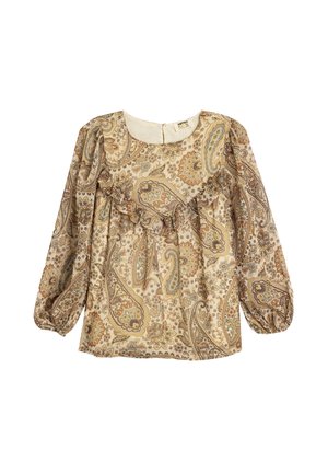 Lange mouwen blouse in beige met een paisleypatroon, voorzien van ruches langs de halslijn en elastische manchetten.