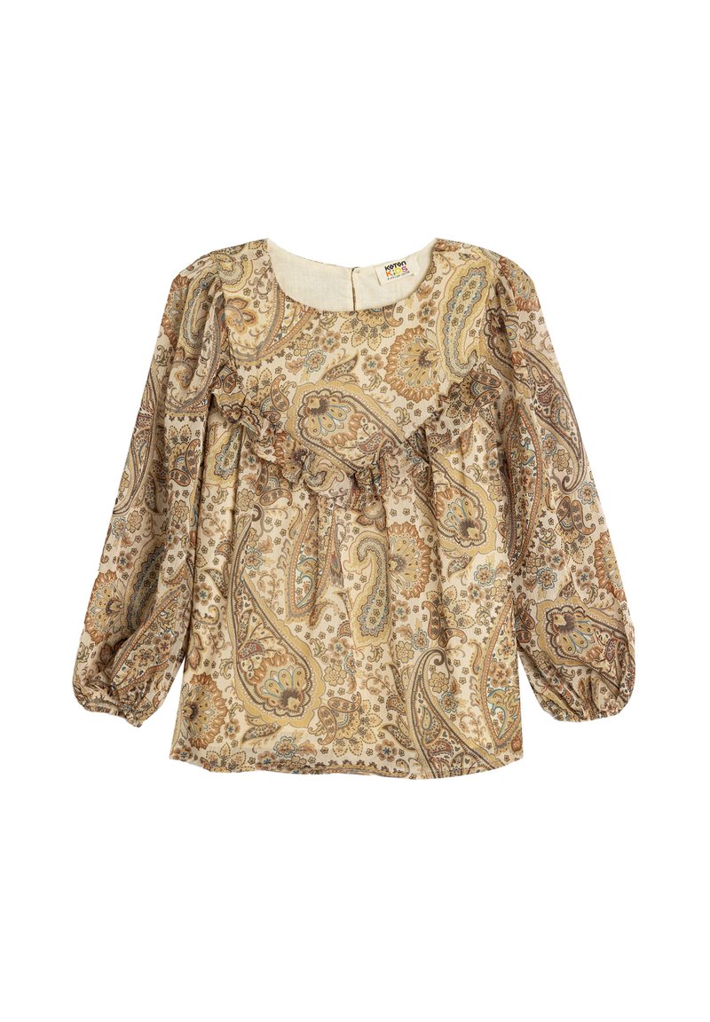 Langærmet bluse i beige med paisley-mønster, der har flæsedetaljer langs halsudskæringen og elastiske manchetter.