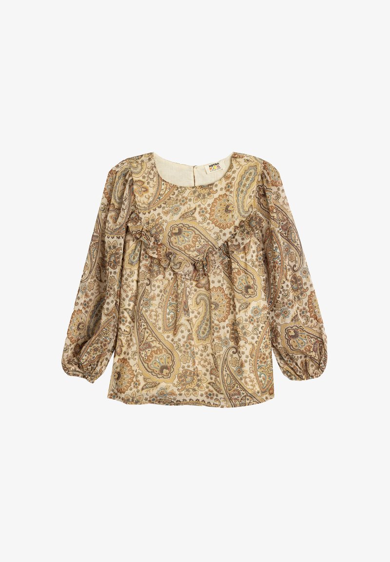 Langærmet bluse i beige med paisley-mønster, der har flæsedetaljer langs halsudskæringen og elastiske manchetter.