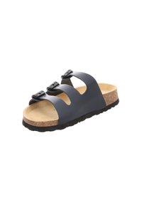 Schwarze Kunststoff-Slidesandale mit drei verstellbaren Riemen, Kork-Fußbett und strukturierter Gummisohle. Offenes Design für Atmungsaktivität.