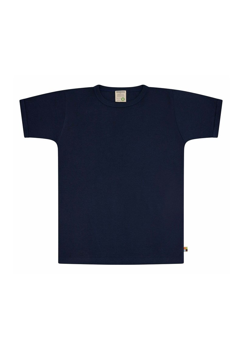 Navy blauwe katoenen T-shirt met korte mouwen, een ronde hals en een rechte snit. Label zichtbaar aan de onderrand. Eenvoudig, effen ontwerp.