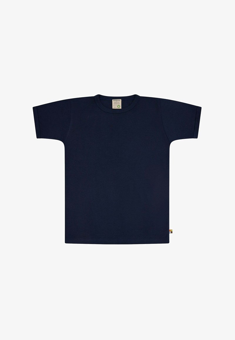 T-shirt in cotone blu navy con maniche corte, scollatura a girocollo e taglio dritto. Etichetta visibile all'orlo. Design semplice e monocromatico.