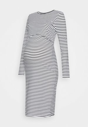 Langärmliges, knielanges Mutterschaftskleid mit schwarzen und weißen horizontalen Streifen und einer geschichteten Vorderseite für den Stillzugang.