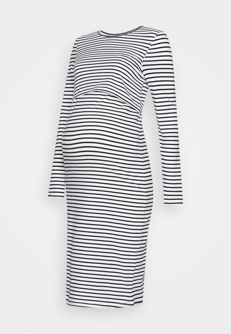 Robe de maternité à manches longues, longueur genou, avec des rayures horizontales noires et blanches et un devant superposé pour un accès facile à l'allaitement.