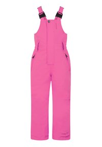 Salopette de ski waterproof rose avec bretelles ajustables, deux poches latérales et un siège renforcé, fabriquée à partir d'un matériau durable et léger.