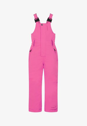 Roze waterdichte skioverall met verstelbare banden, twee zijzakken en een versterkte zit, gemaakt van duurzaam, lichtgewicht materiaal.