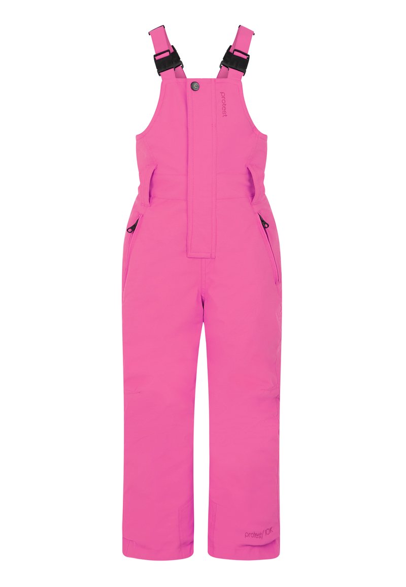 Salopette de ski waterproof rose avec bretelles ajustables, deux poches latérales et un siège renforcé, fabriquée à partir d'un matériau durable et léger.