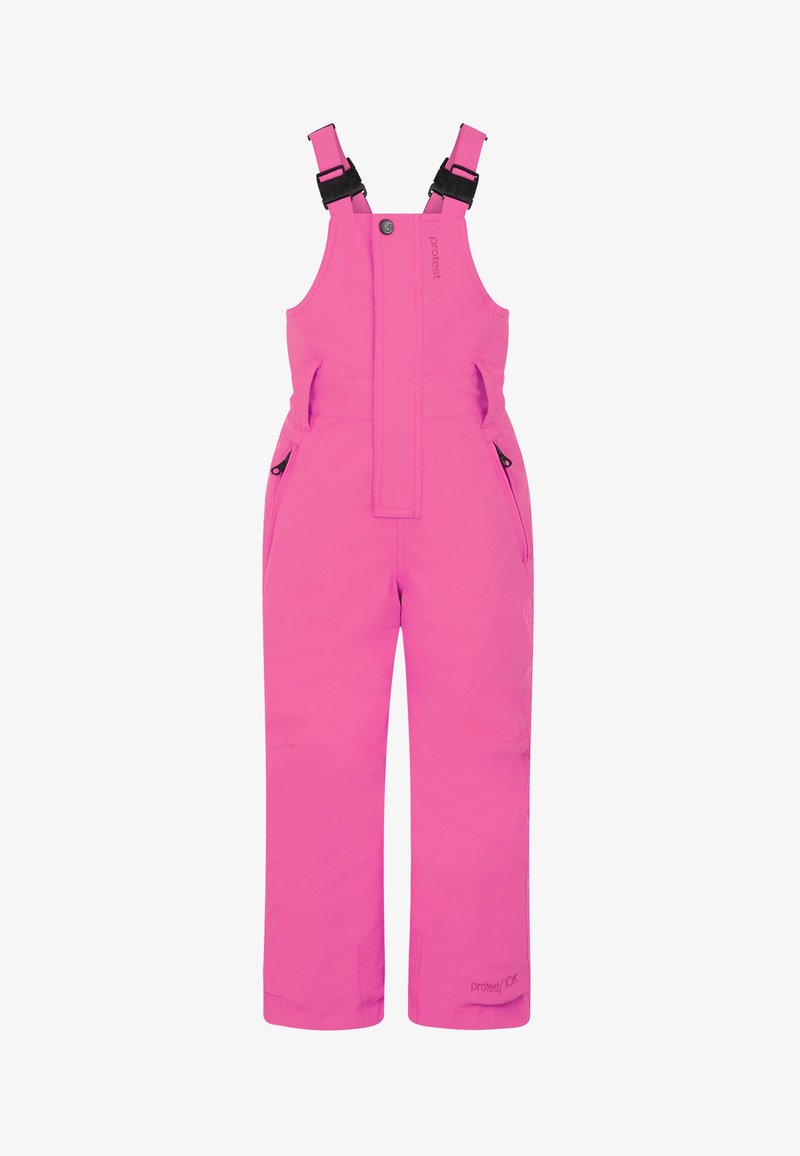 Ružový vodotesný lyžiarsky overal s nastaviteľnými popruhmi, dvoma bočnými vreckami a zosilneným sedadlom, vyrobený z odolného, ľahkého materiálu.