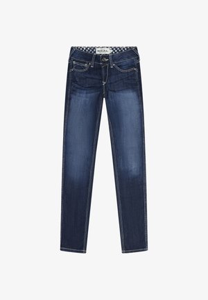 Jean en denim bleu foncé à coupe slim, avec des poches avant, des accents de surpiqûres et une ceinture intérieure à motif.