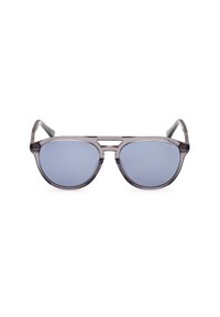 Gafas de sol con un marco gris translúcido, lentes redondos y tintado azul espejado. Presentan un doble puente y patillas delgadas.