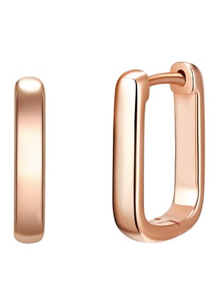 Pendientes de aro en oro rosa con forma rectangular suave y redondeada y acabado pulido. Presentan un cierre de bisagra sencillo y un diseño sin costuras.