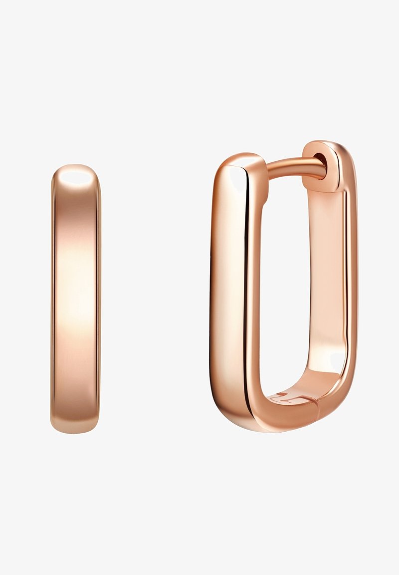 Rožių auksiniai auskarai žiede, turintys lygią, apvalią stačiakampio formą ir blizgų apdailą. Sudėtyje yra paprastas vyris ir vientisas dizainas.