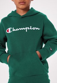 Grön bomullshoodie med vitt "Champion"-logotyp, framficka och Champion-logotyp patch på ärmen. Mjuk textur, justerbar huva.