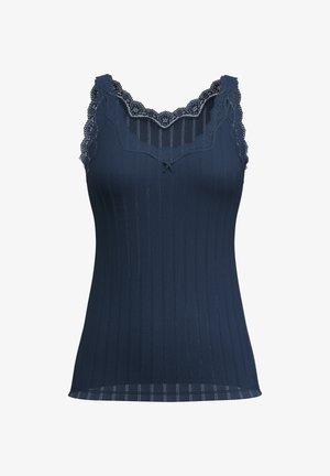 Navyblaue ärmellose Bluse mit Spitze, gerippter Textur und einer kleinen dekorativen Schleife am Ausschnitt.