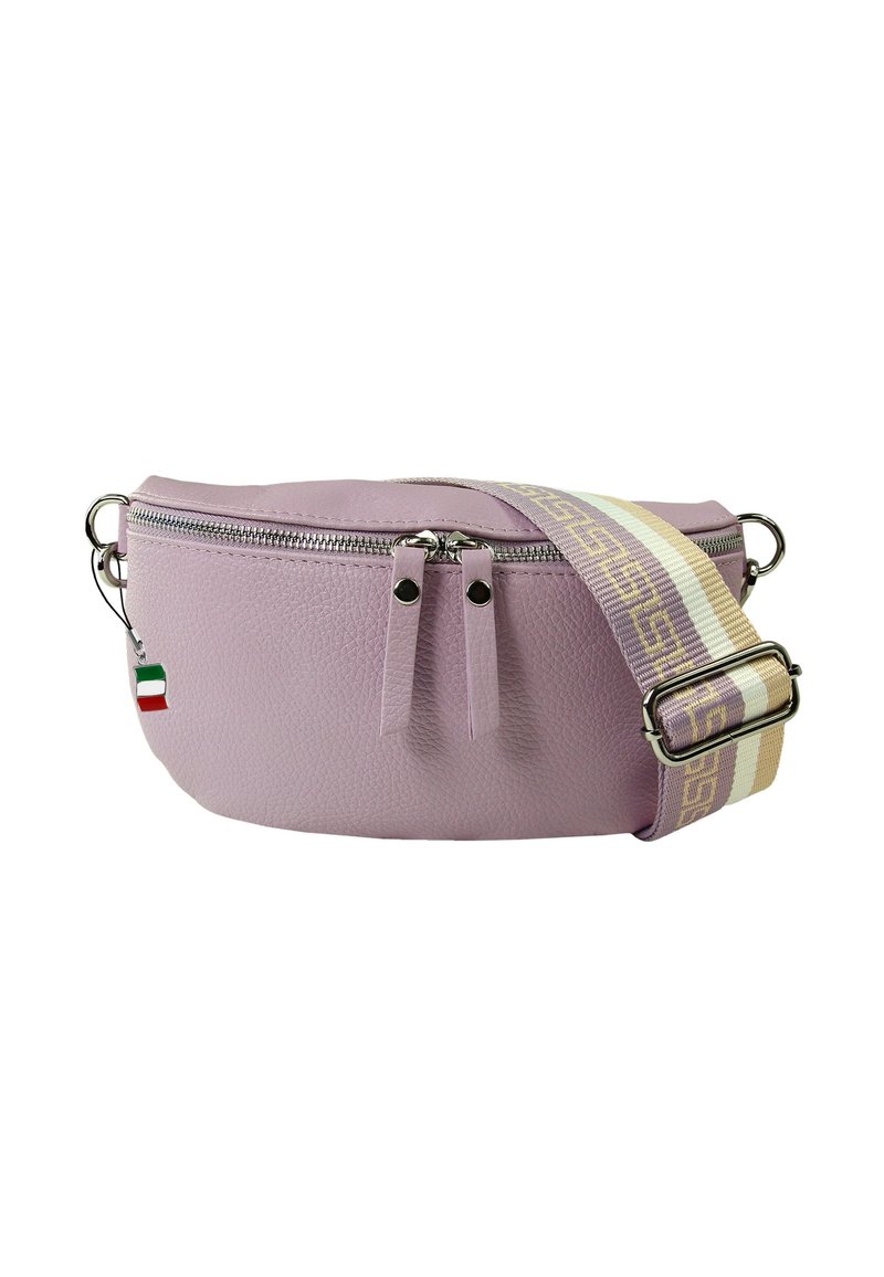Ronde roze leren tas met een gestructureerd oppervlak, zilveren ritsen en een verstelbare band met een geometrisch patroon in beige en bruin.