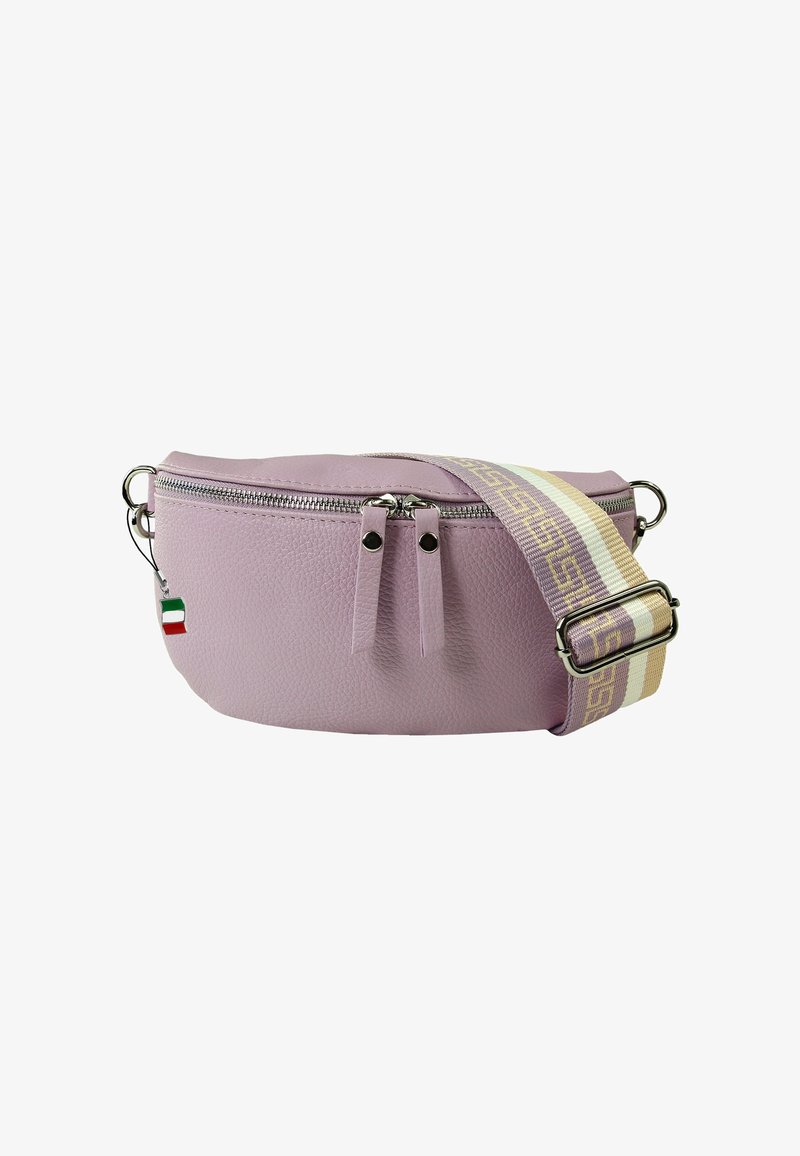 Ronde roze leren tas met een gestructureerd oppervlak, zilveren ritsen en een verstelbare band met een geometrisch patroon in beige en bruin.