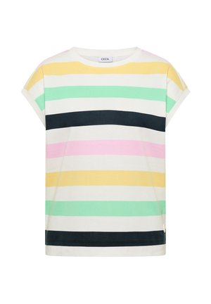 Chemise à manches courtes avec des rayures horizontales jaunes, vert menthe, noires et roses sur un fond blanc, avec un col rond.