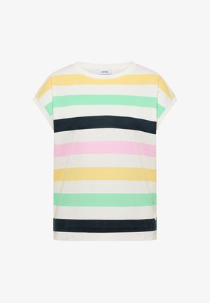 Chemise à manches courtes avec des rayures horizontales jaunes, vert menthe, noires et roses sur un fond blanc, avec un col rond.