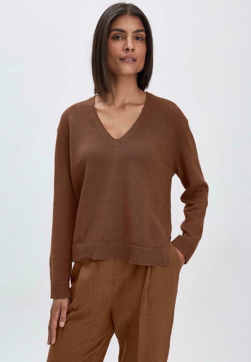 Brauner gestrickter Pullover mit V-Ausschnitt, gerippten Bündchen und Saum. Der Stoff hat eine weiche Textur und wird mit passenden braunen Hosen kombiniert.