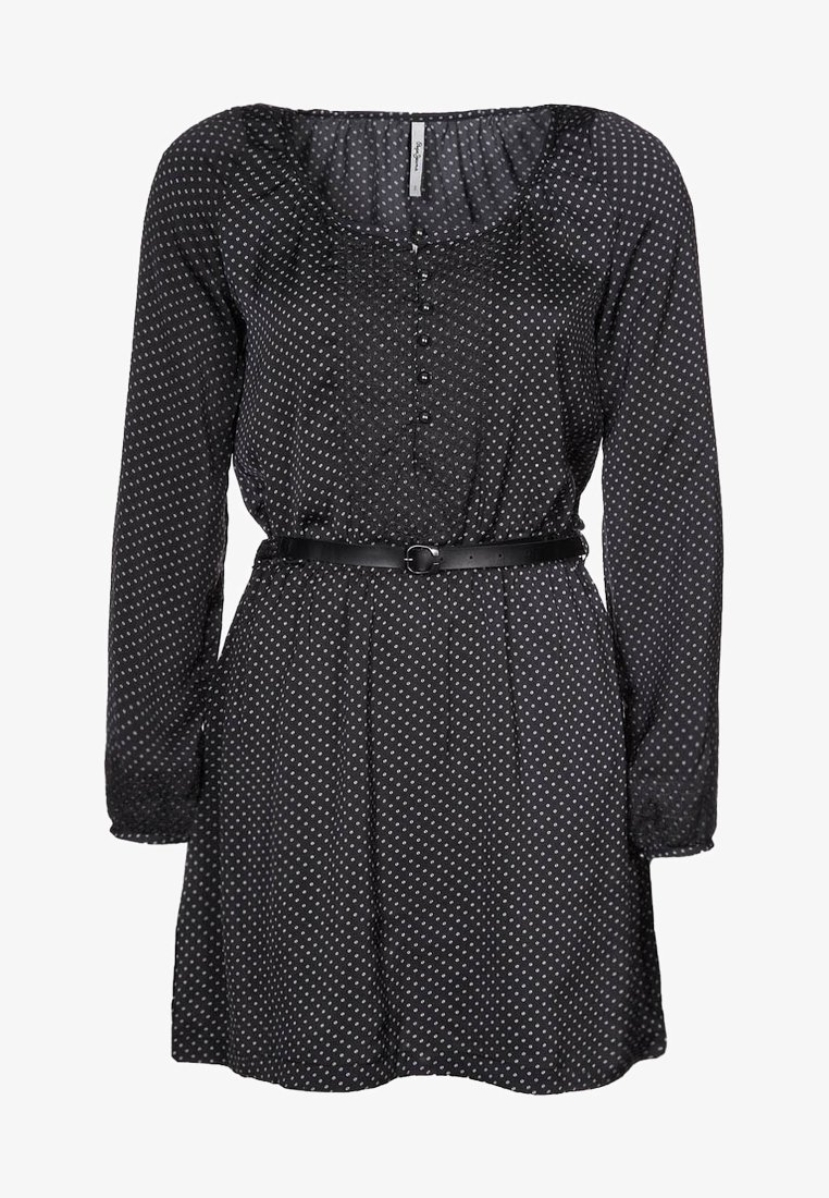 Černé šaty s puntíky, dlouhými rukávy, kulatým výstřihem, zapínáním na knoflíky vpředu a černým páskem v pase. Hladká textura látky.