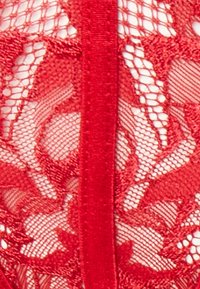 Tissu en dentelle rouge avec un motif floral, orné d'un ruban en satin lisse courant verticalement. La texture est transparente et complexe.