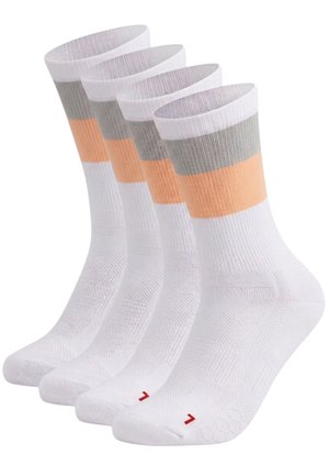 Vier Paar weiße Crew-Socken mit gerippter Struktur und breiten horizontalen grauen und pfirsichfarbenen Streifen nahe dem oberen Rand.