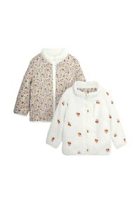 Due giacche: una con un motivo floreale bianco, arancione e rosa, e l'altra in pile bianco semplice con dettagli floreali, entrambe con zip.