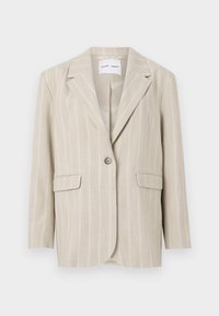 Beige gestreepte blazer met een enkele knoopsluiting, notched revers en twee voorzakken. Gemaakt van lichte stof met een soepele textuur.