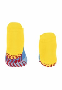 Gelbe Knöchelsocken mit blauen Akzenten und roten Anti-Rutsch-Punkten auf der Unterseite. Verfügt über eine nahtlose Zehenpartie und einen weichen, dehnbaren Stoff.
