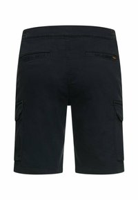 Black men's cargo shorts with two back slit pockets and two side flap pockets, displayed against a white background.